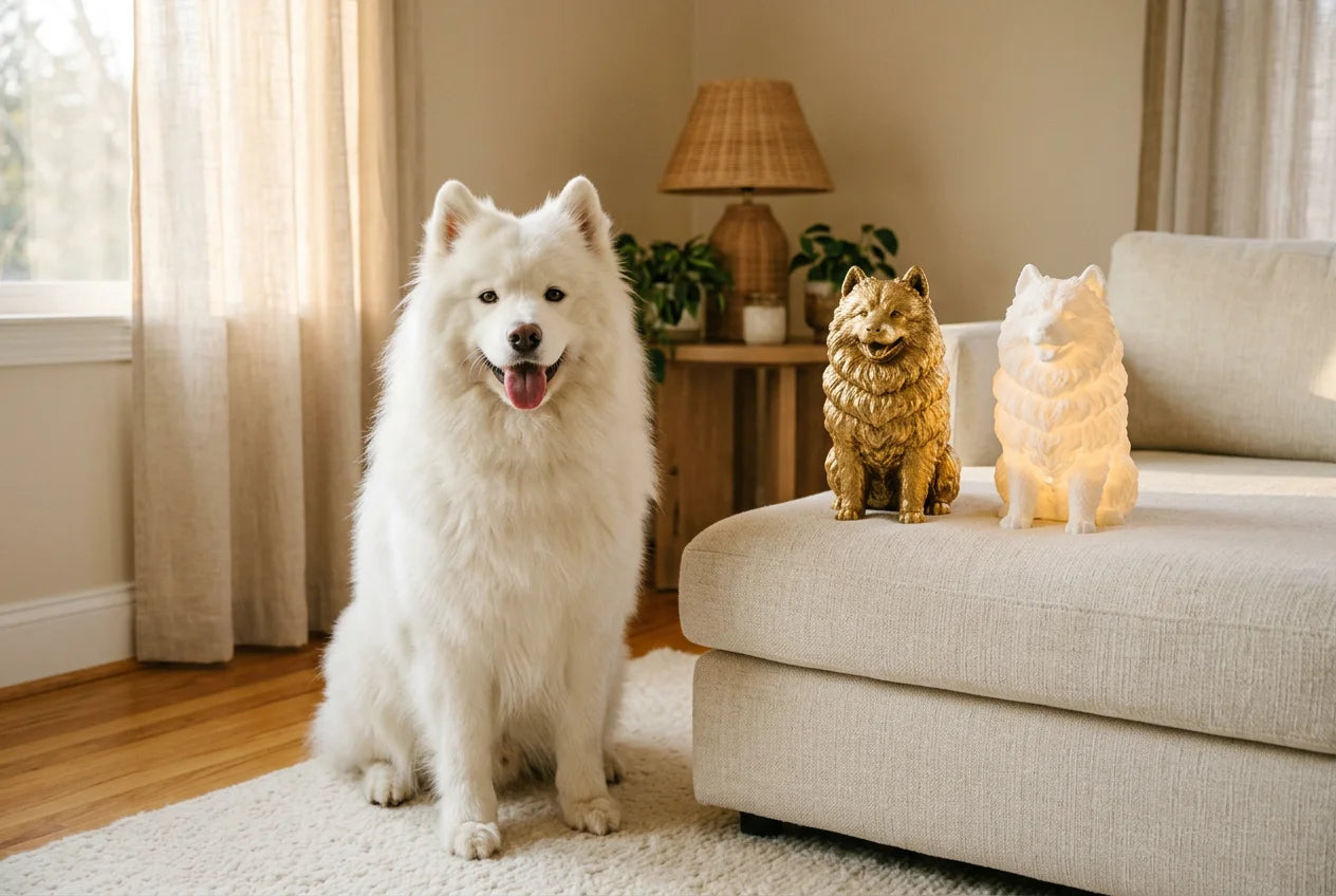 Samoyed dog in a warm editorial interior with handcrafted sculpture and luminary