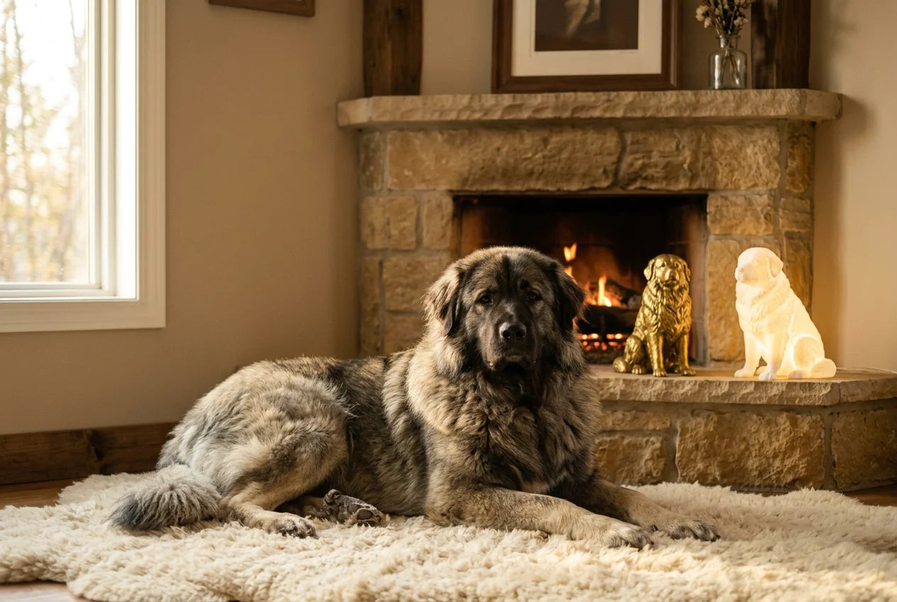 Sarplaninac dog in a warm editorial interior with handcrafted sculpture and luminary