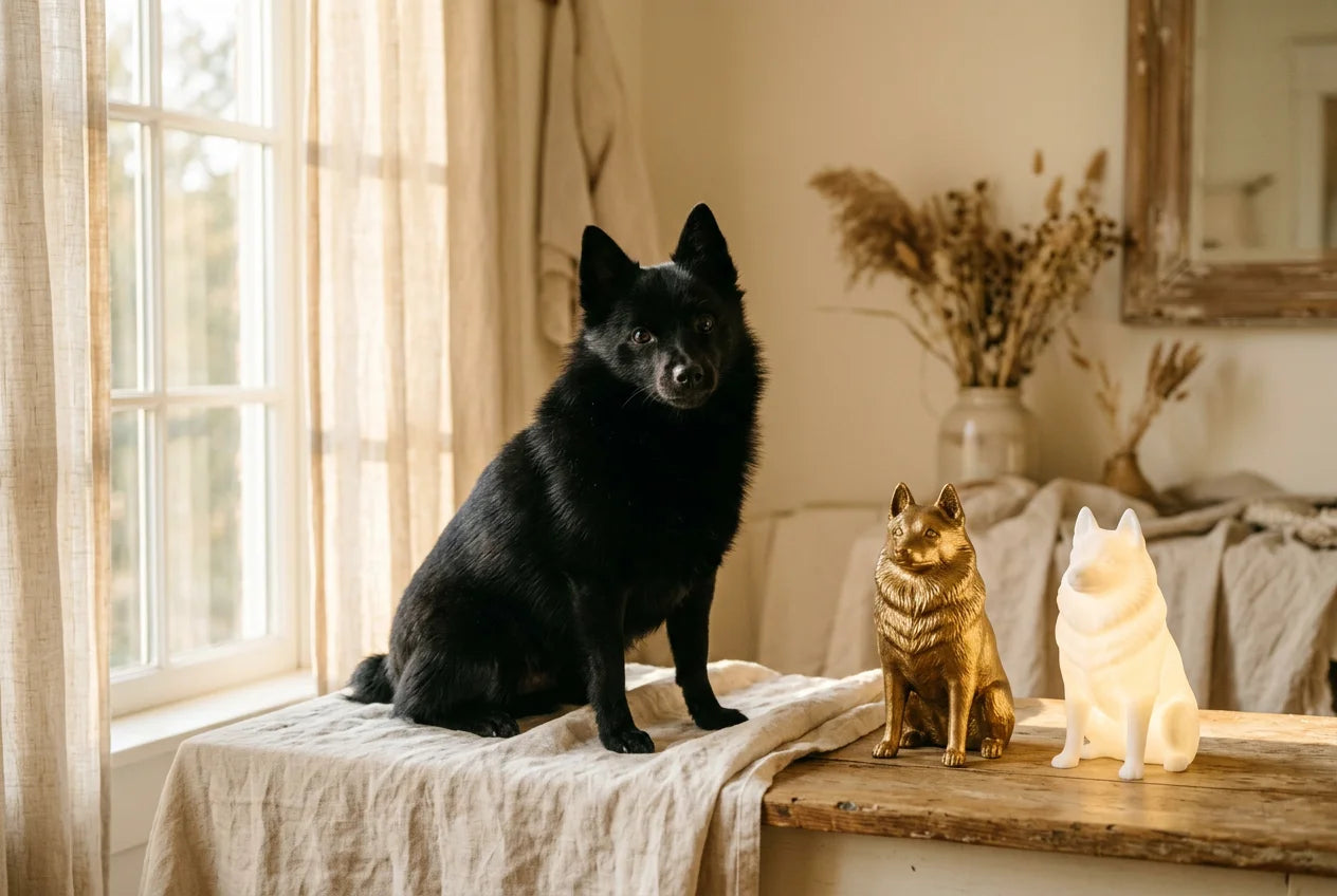 Schipperke dog in a warm editorial interior with handcrafted sculpture and luminary
