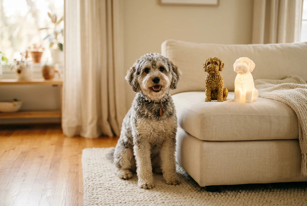 Schnoodle dog in a warm editorial interior with handcrafted sculpture and luminary