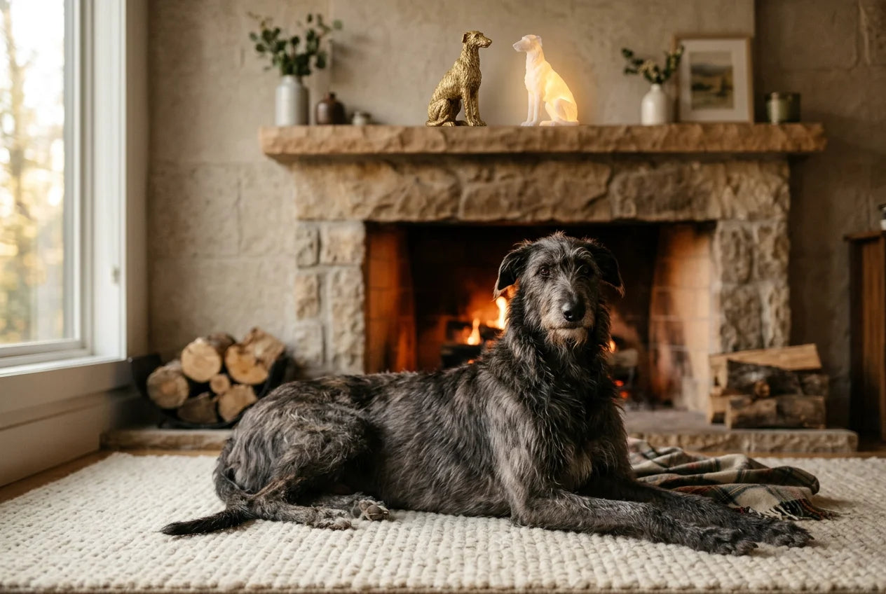 Scottish Deerhound dog in a warm editorial interior with handcrafted sculpture and luminary