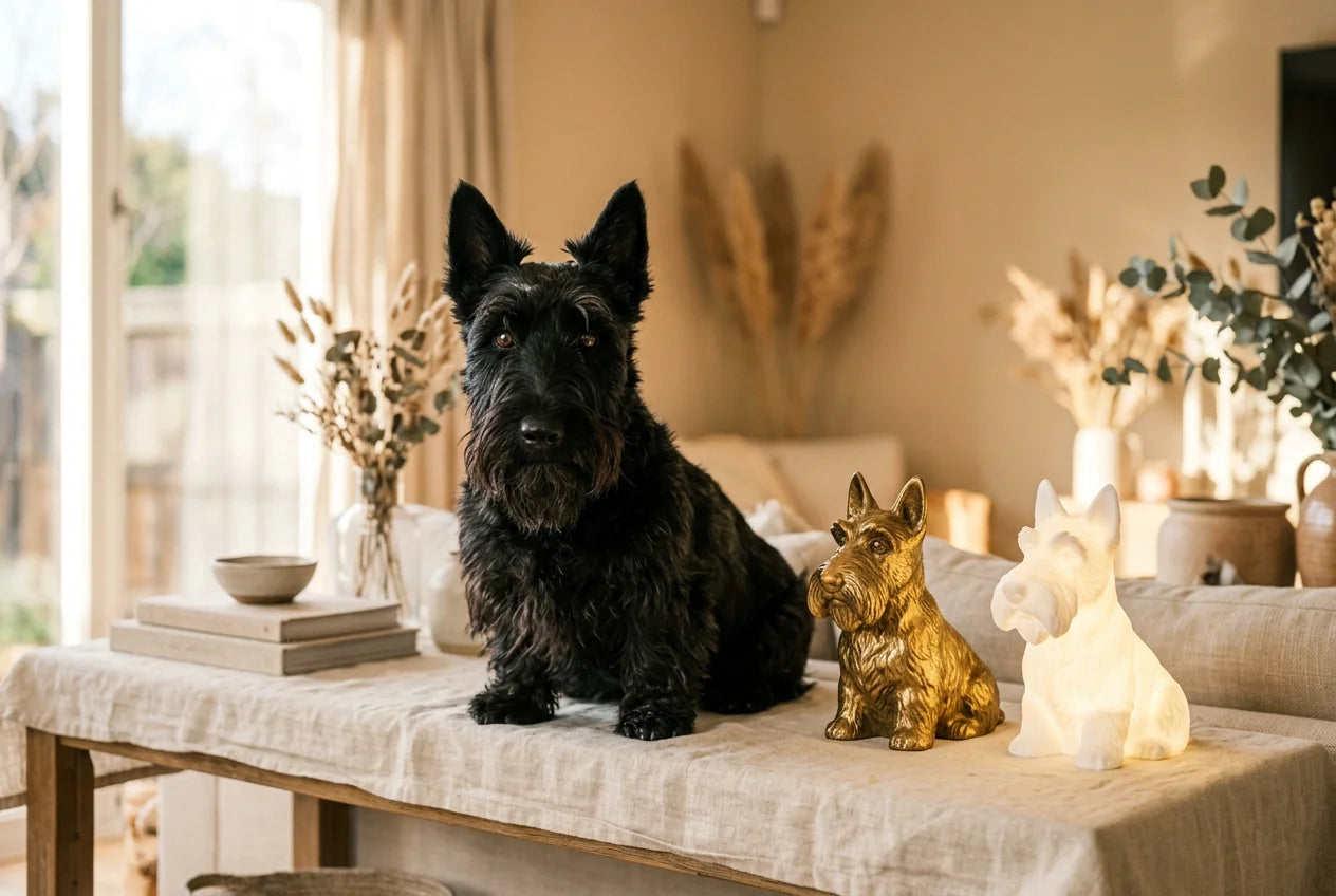 Scottish Terrier dog in a warm editorial interior with handcrafted sculpture and luminary