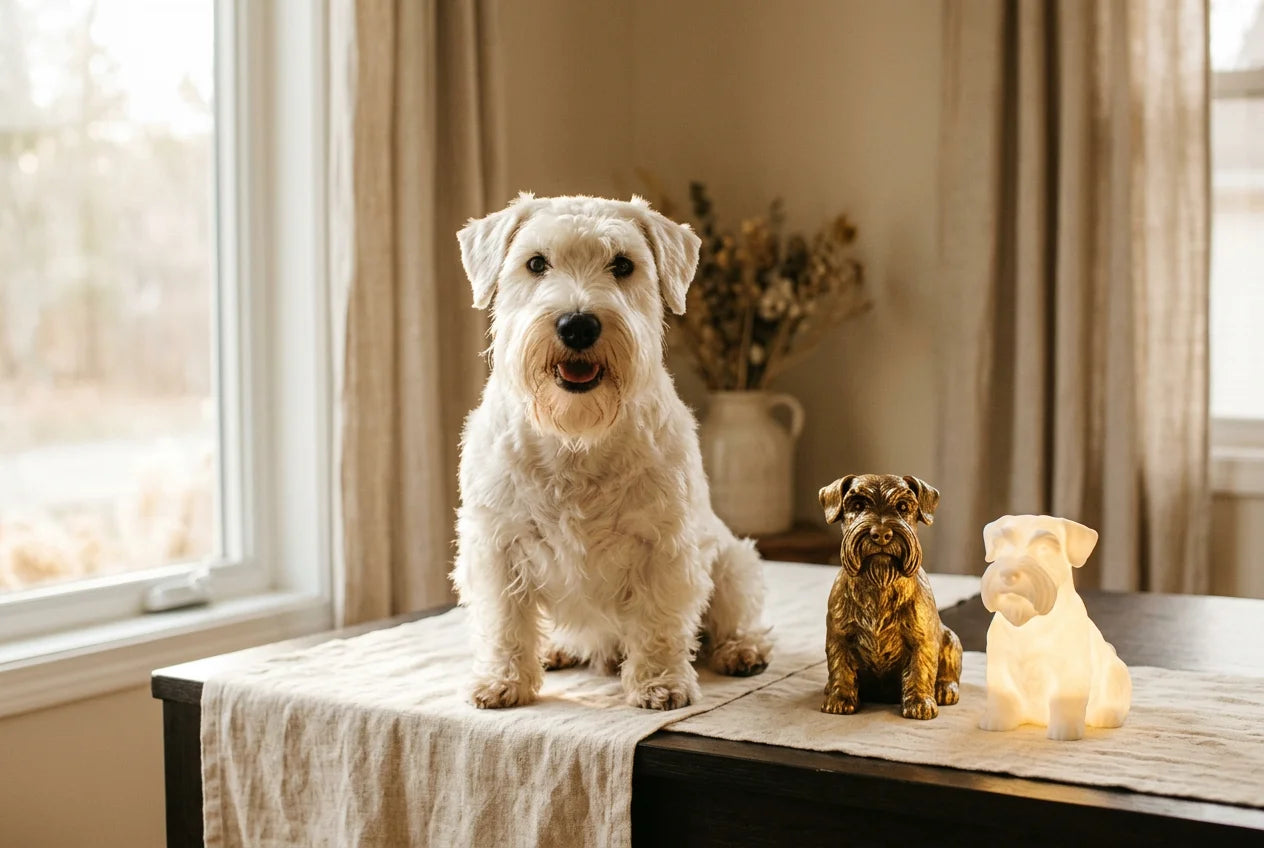 Sealyham Terrier dog in a warm editorial interior with handcrafted sculpture and luminary