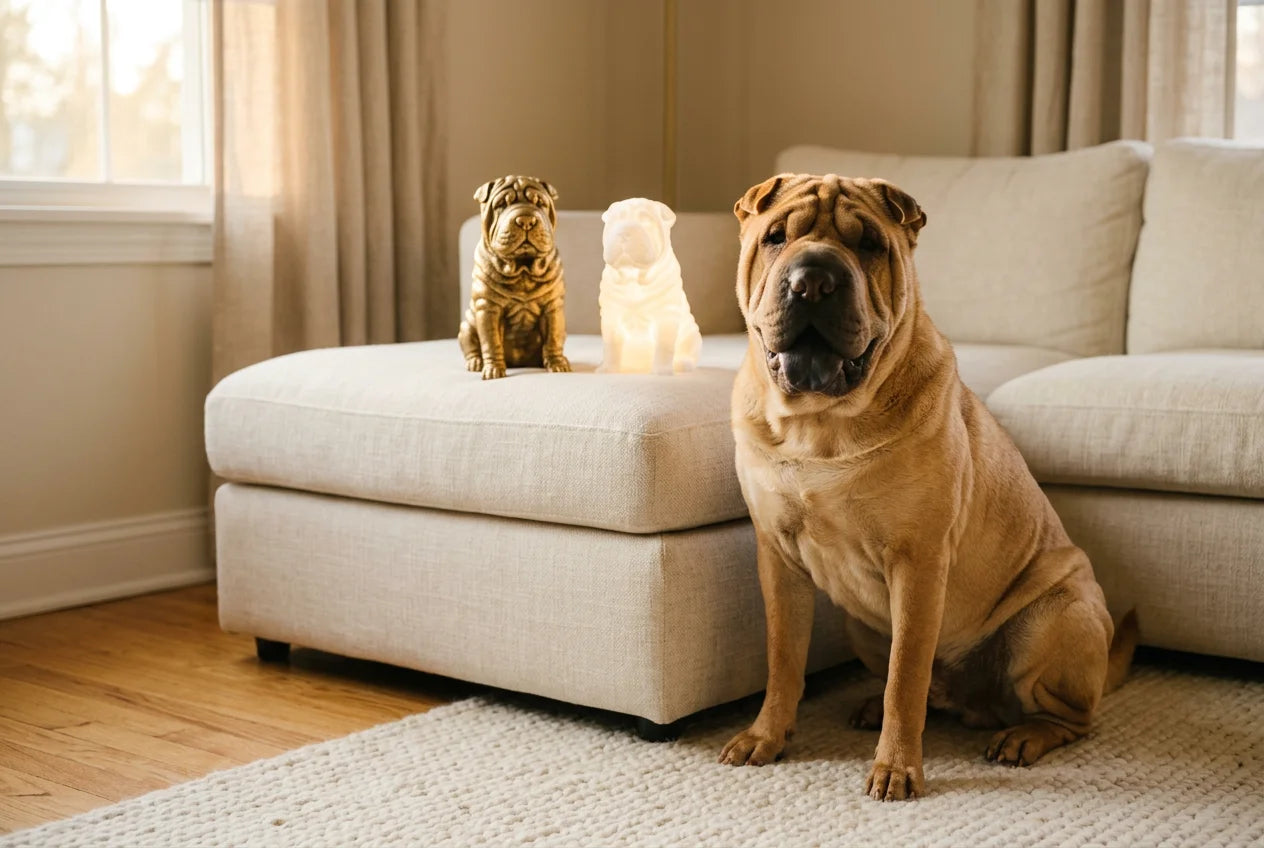Shar Pei dog in a warm editorial interior with handcrafted sculpture and luminary