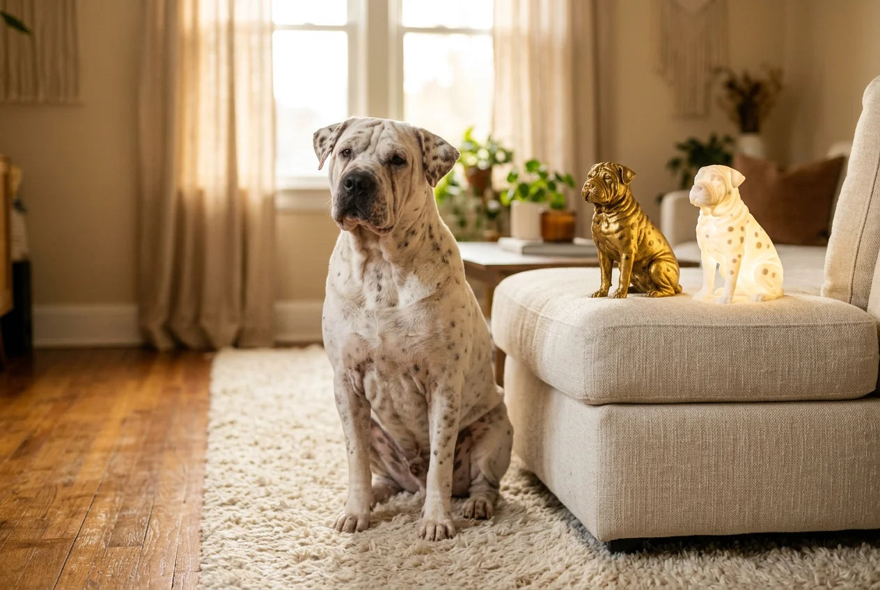 Sharmatian dog in a warm editorial interior with handcrafted sculpture and luminary