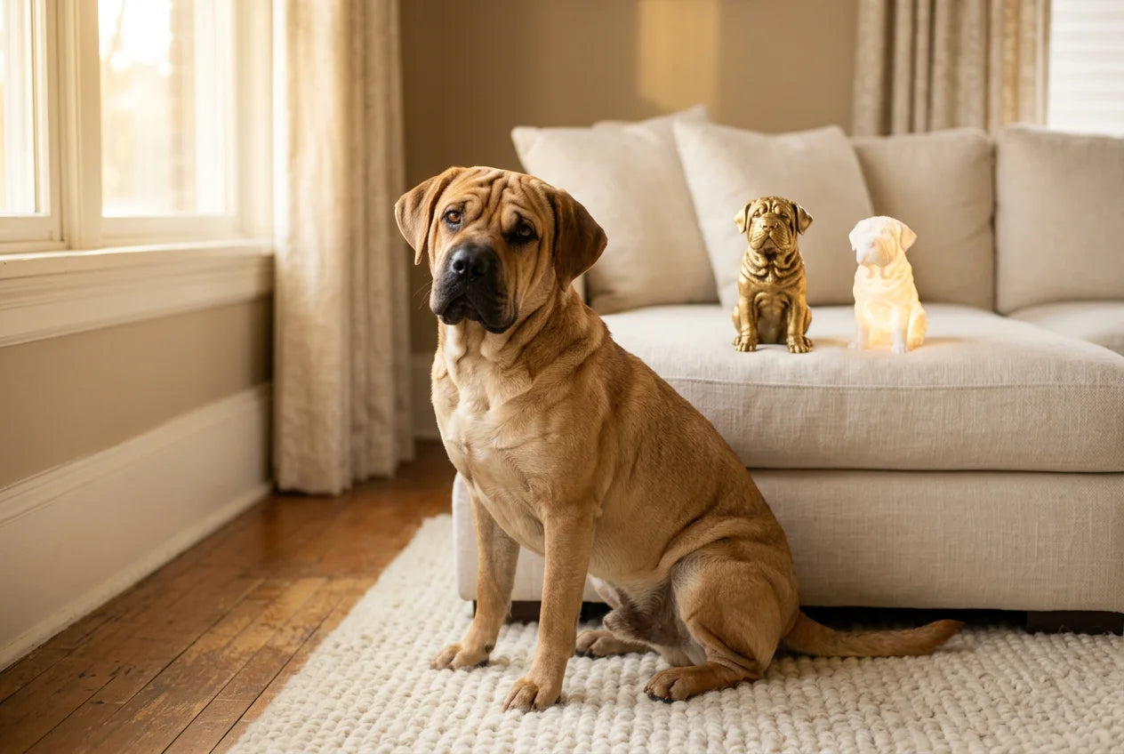 Sharp Eagle dog in a warm editorial interior with handcrafted sculpture and luminary