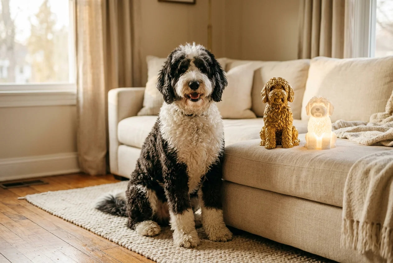 Sheepadoodle dog in a warm editorial interior with handcrafted sculpture and luminary