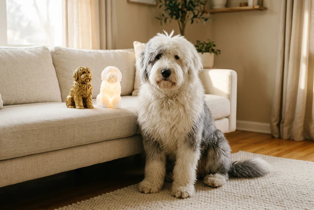 Sheepnees dog in a warm editorial interior with handcrafted sculpture and luminary