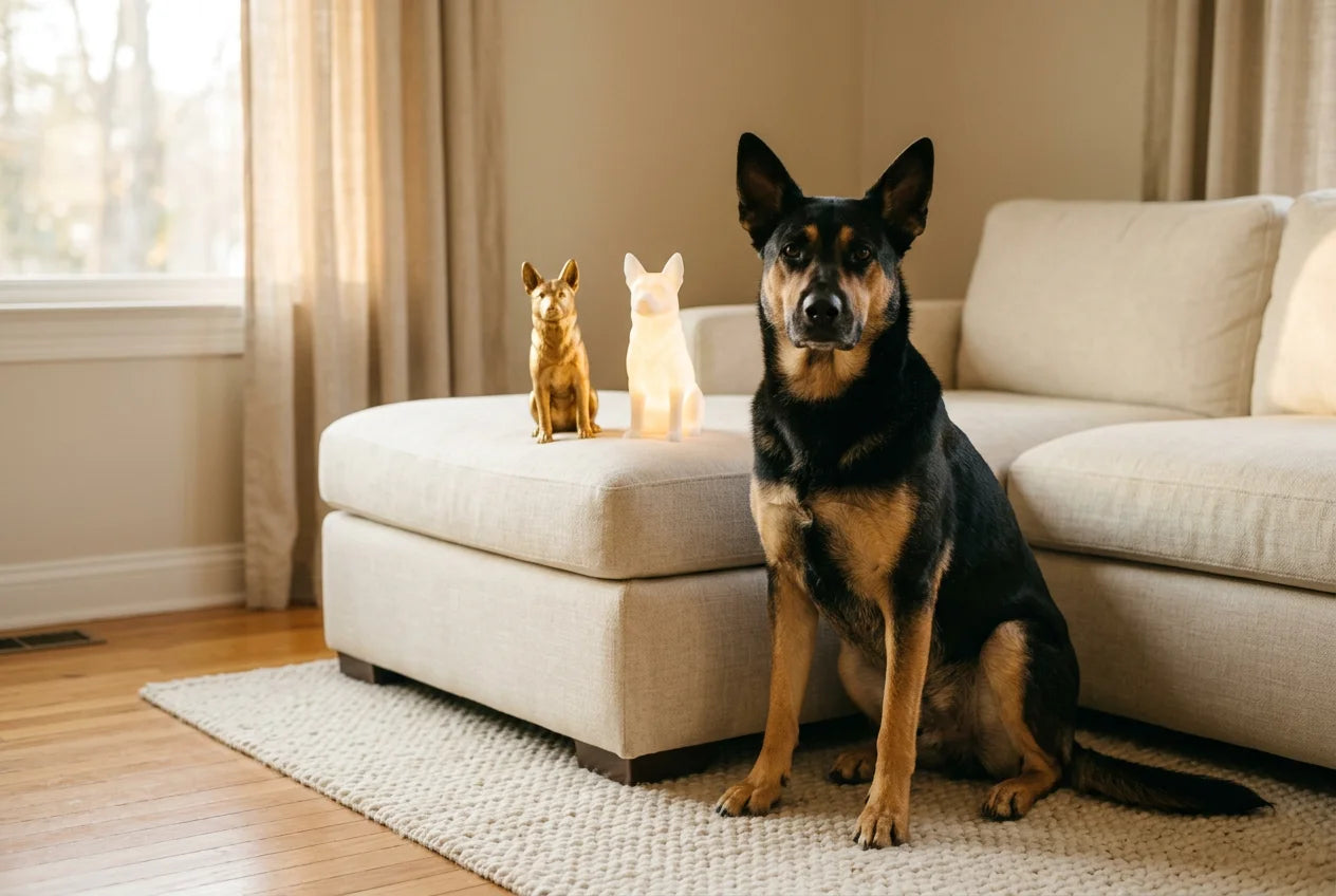 Sheprador dog in a warm editorial interior with handcrafted sculpture and luminary