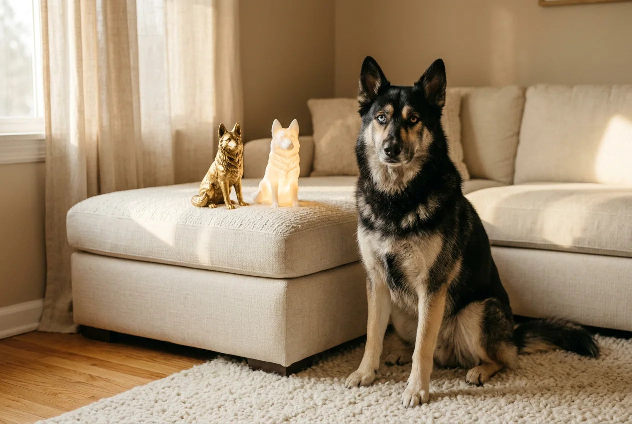 Shepsky dog in a warm editorial interior with handcrafted sculpture and luminary