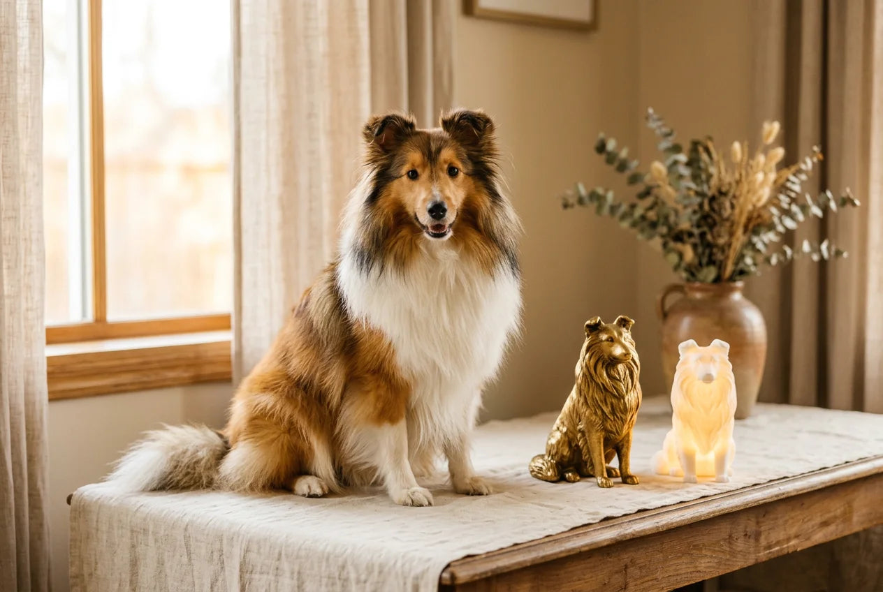 Shetland Sheepdog dog in a warm editorial interior with handcrafted sculpture and luminary