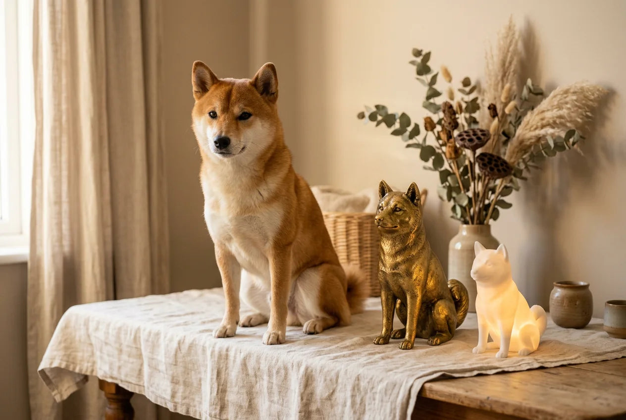Shiba Inu dog in a warm editorial interior with handcrafted sculpture and luminary
