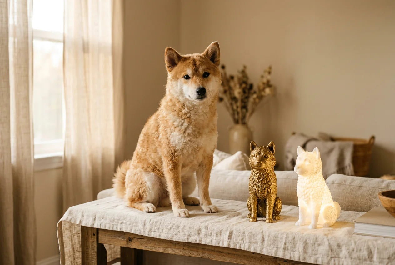 Shibadoodle dog in a warm editorial interior with handcrafted sculpture and luminary