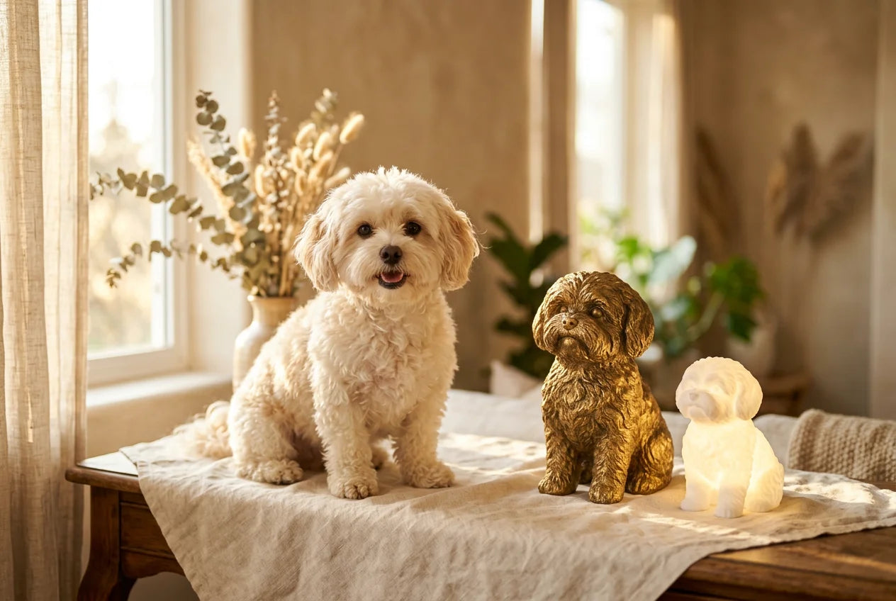 Shichon dog in a warm editorial interior with handcrafted sculpture and luminary