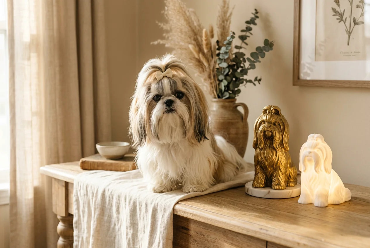Shih Tzu dog in a warm editorial interior with handcrafted sculpture and luminary
