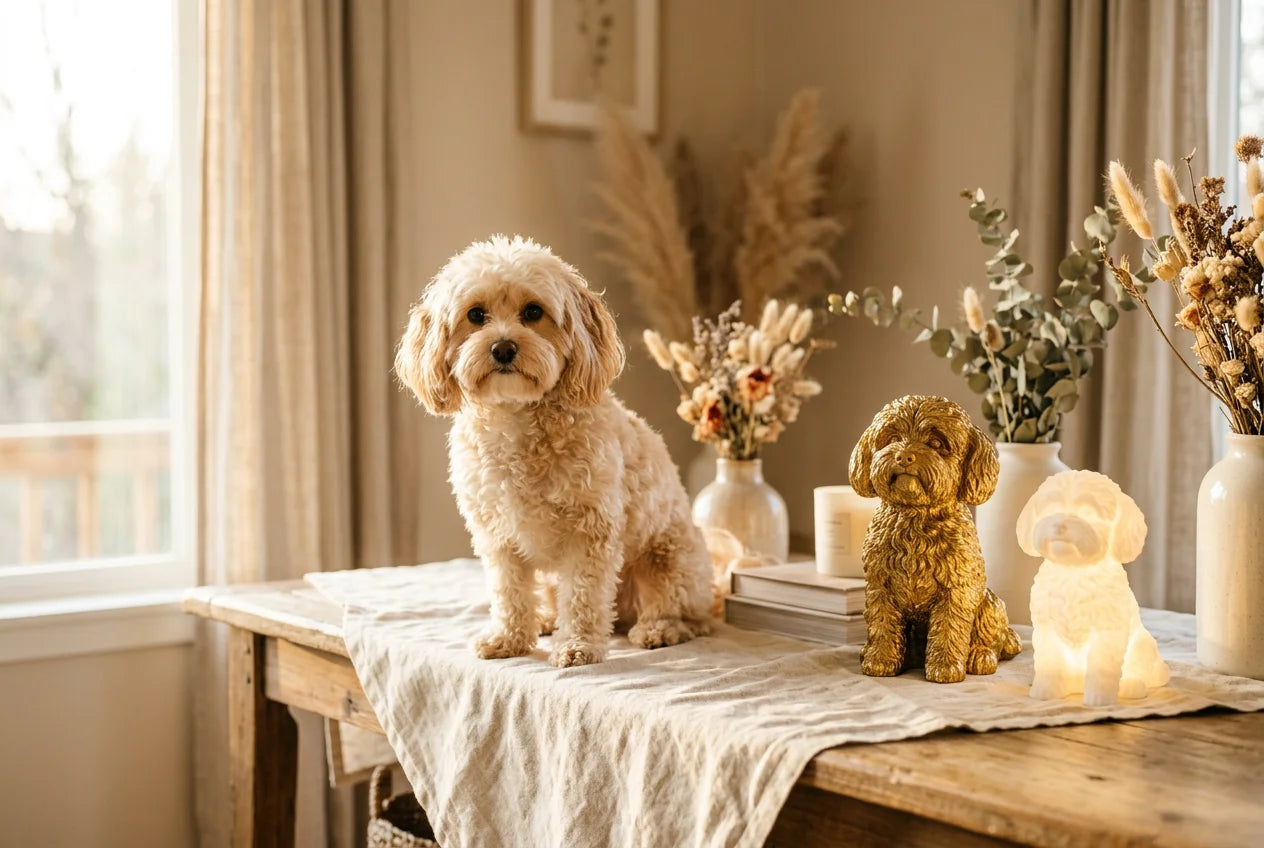 Shihpoo dog in a warm editorial interior with handcrafted sculpture and luminary