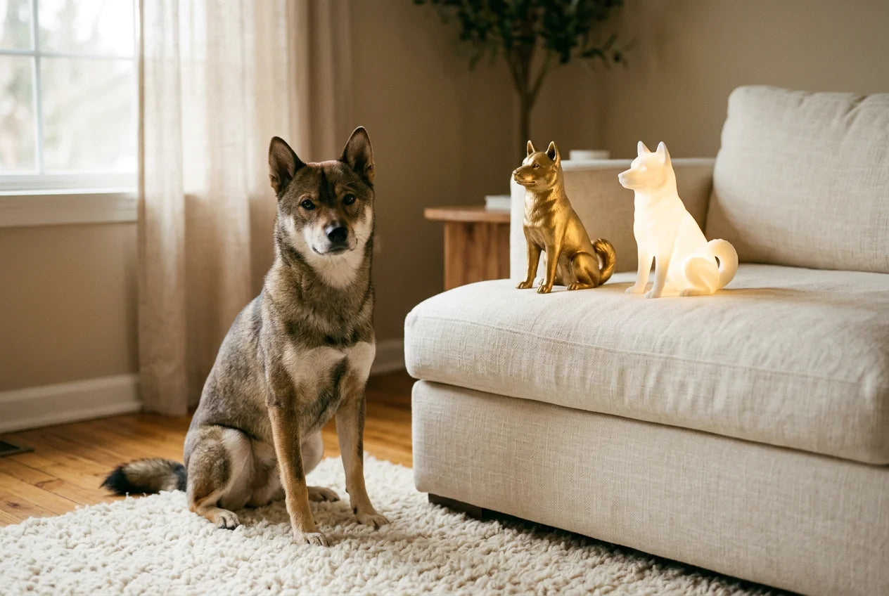 Shikoku dog in a warm editorial interior with handcrafted sculpture and luminary