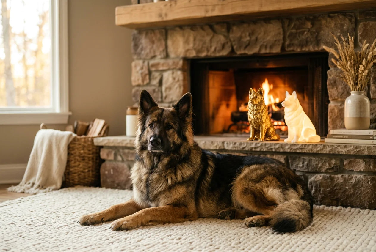 Shiloh Shepherd dog in a warm editorial interior with handcrafted sculpture and luminary