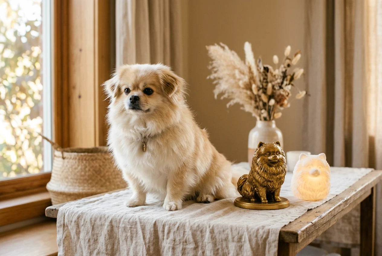 Shiranian dog in a warm editorial interior with handcrafted sculpture and luminary