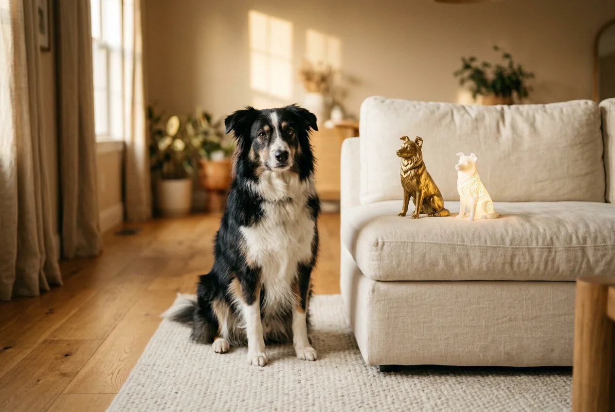 Shollie dog in a warm editorial interior with handcrafted sculpture and luminary