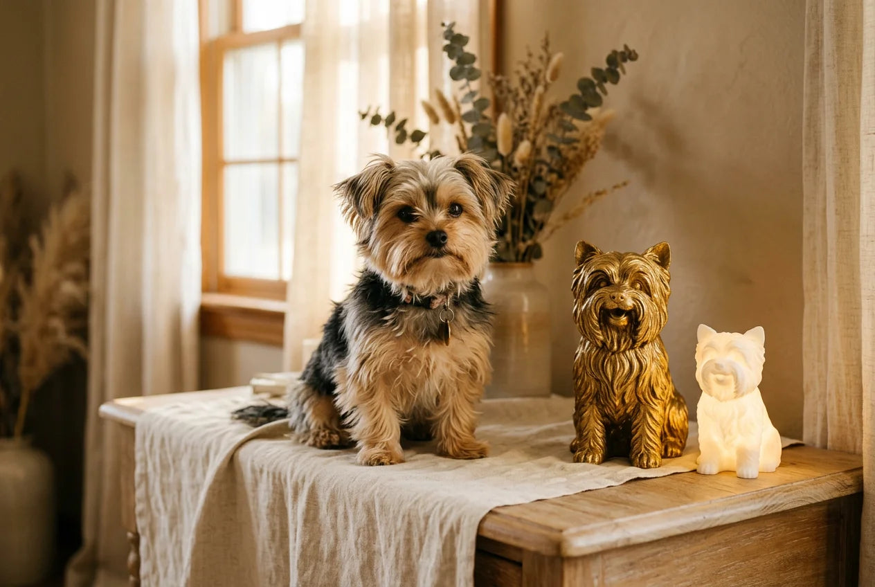 Shorkie dog in a warm editorial interior with handcrafted sculpture and luminary