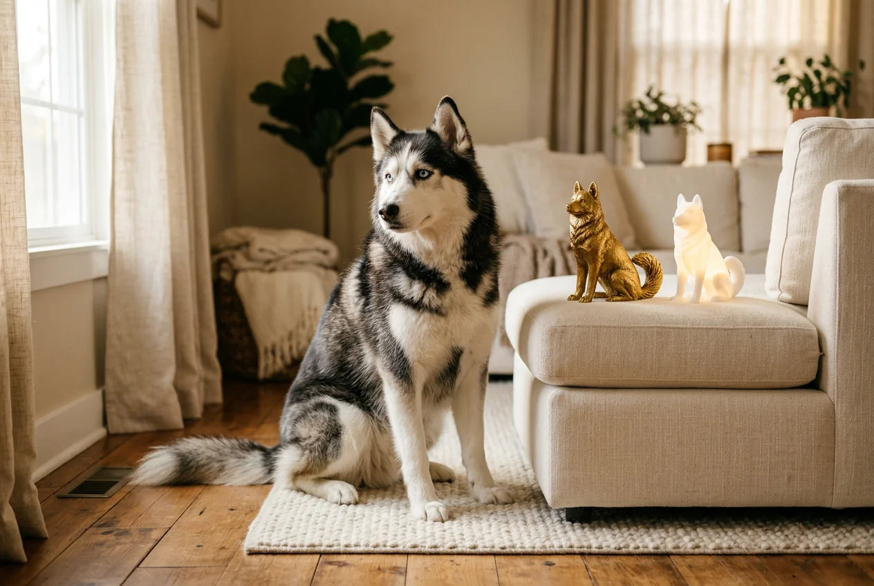 Siberian Husky dog in a warm editorial interior with handcrafted sculpture and luminary