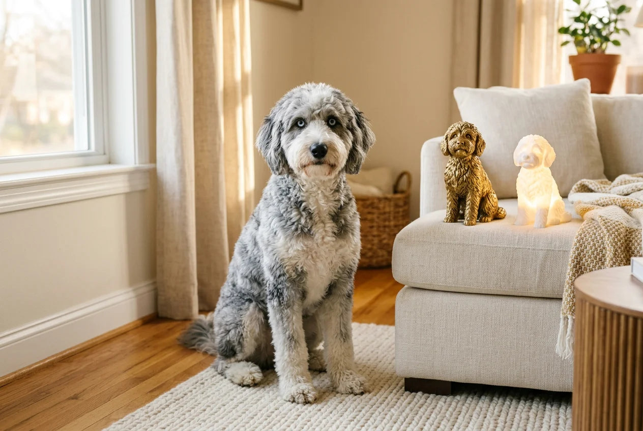 Siberpoo dog in a warm editorial interior with handcrafted sculpture and luminary