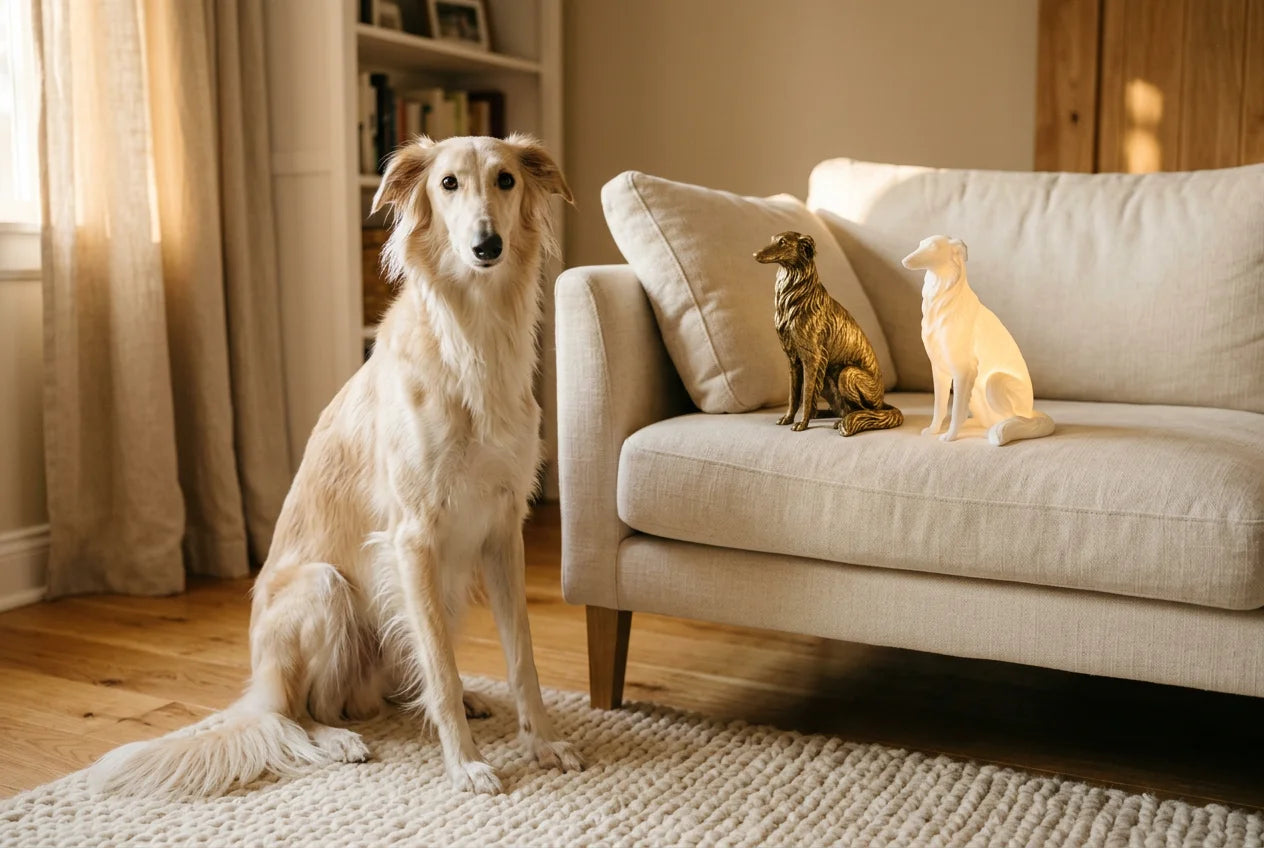 Silken Windhound dog in a warm editorial interior with handcrafted sculpture and luminary