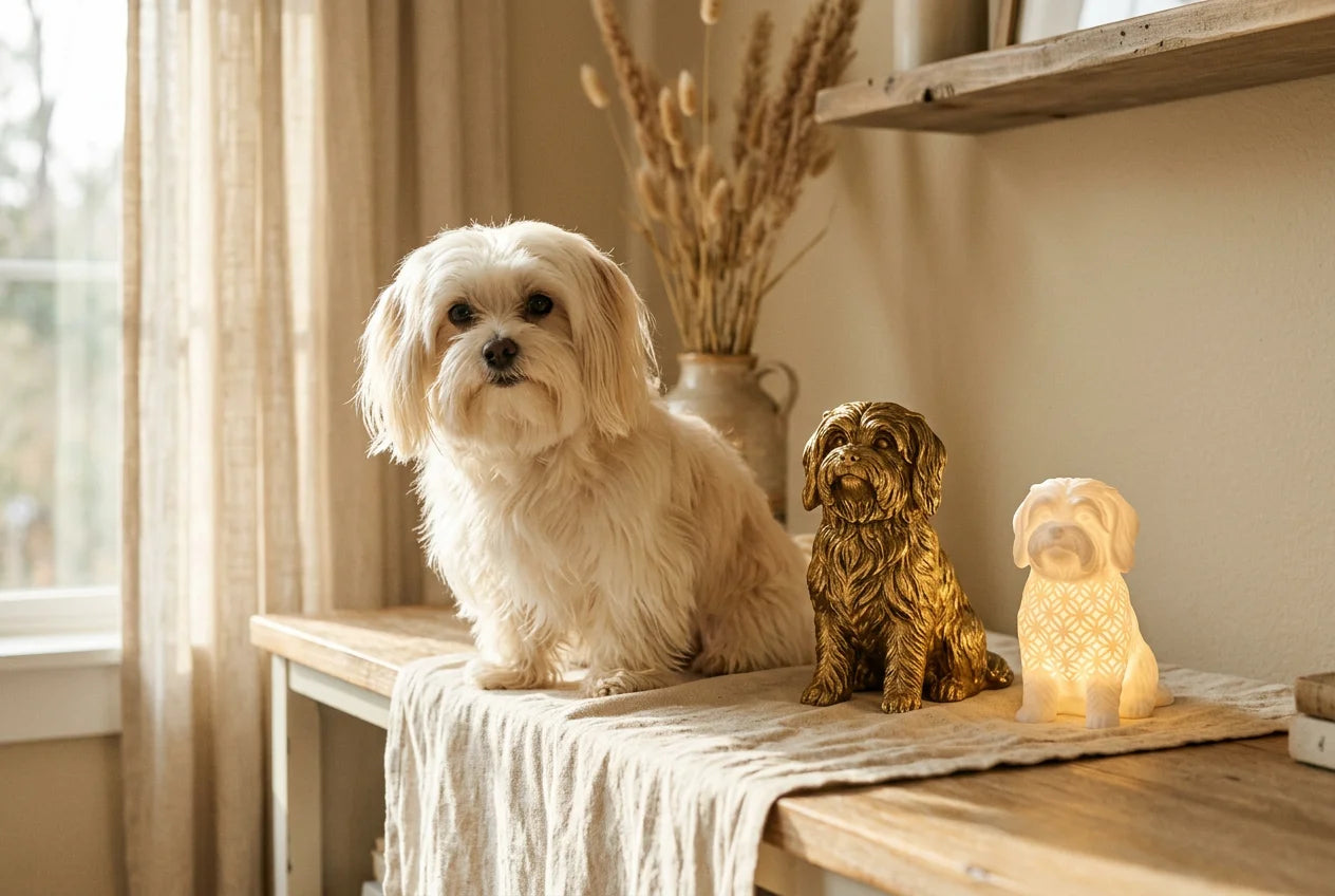 Silkese dog in a warm editorial interior with handcrafted sculpture and luminary