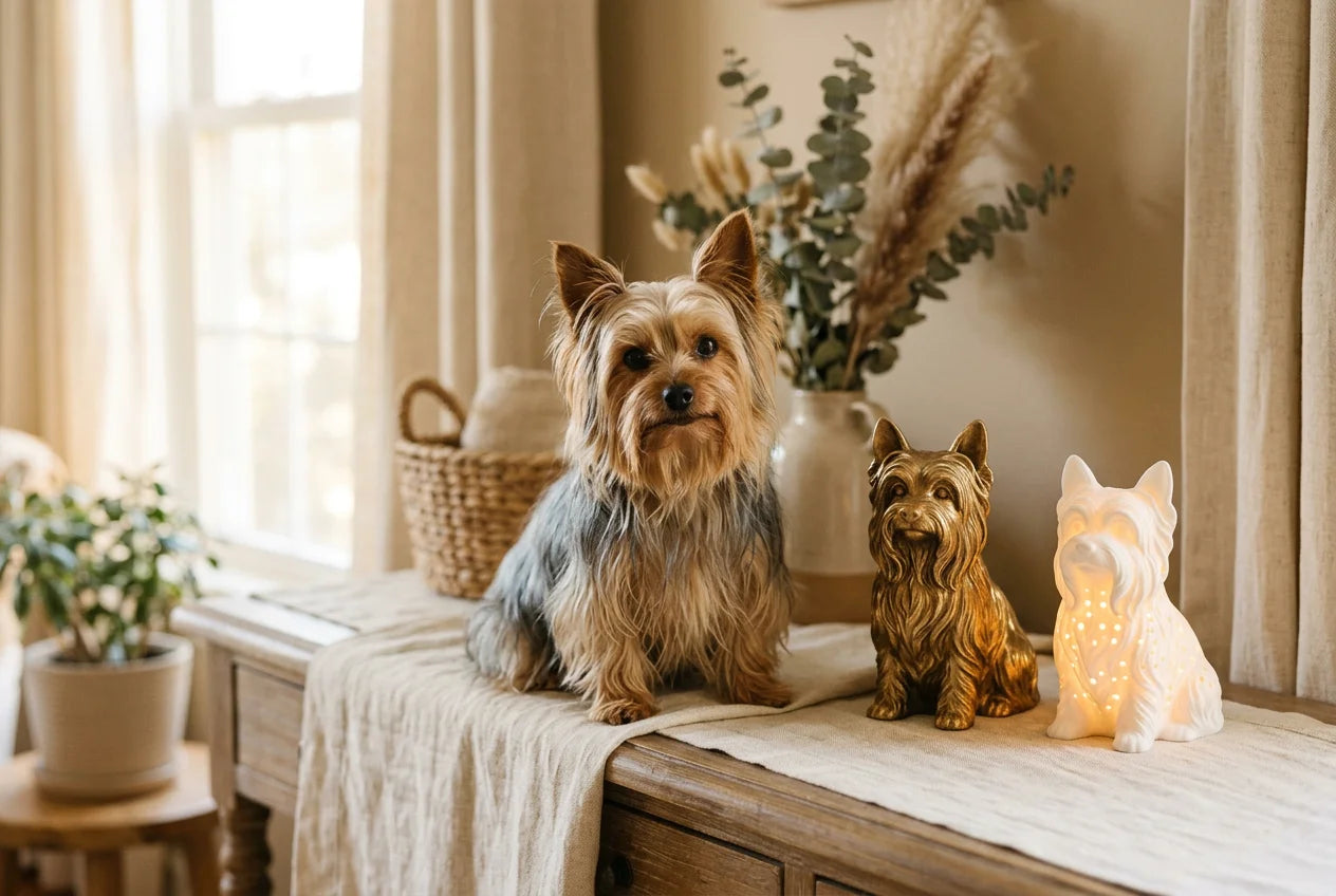 Silky Terrier dog in a warm editorial interior with handcrafted sculpture and luminary
