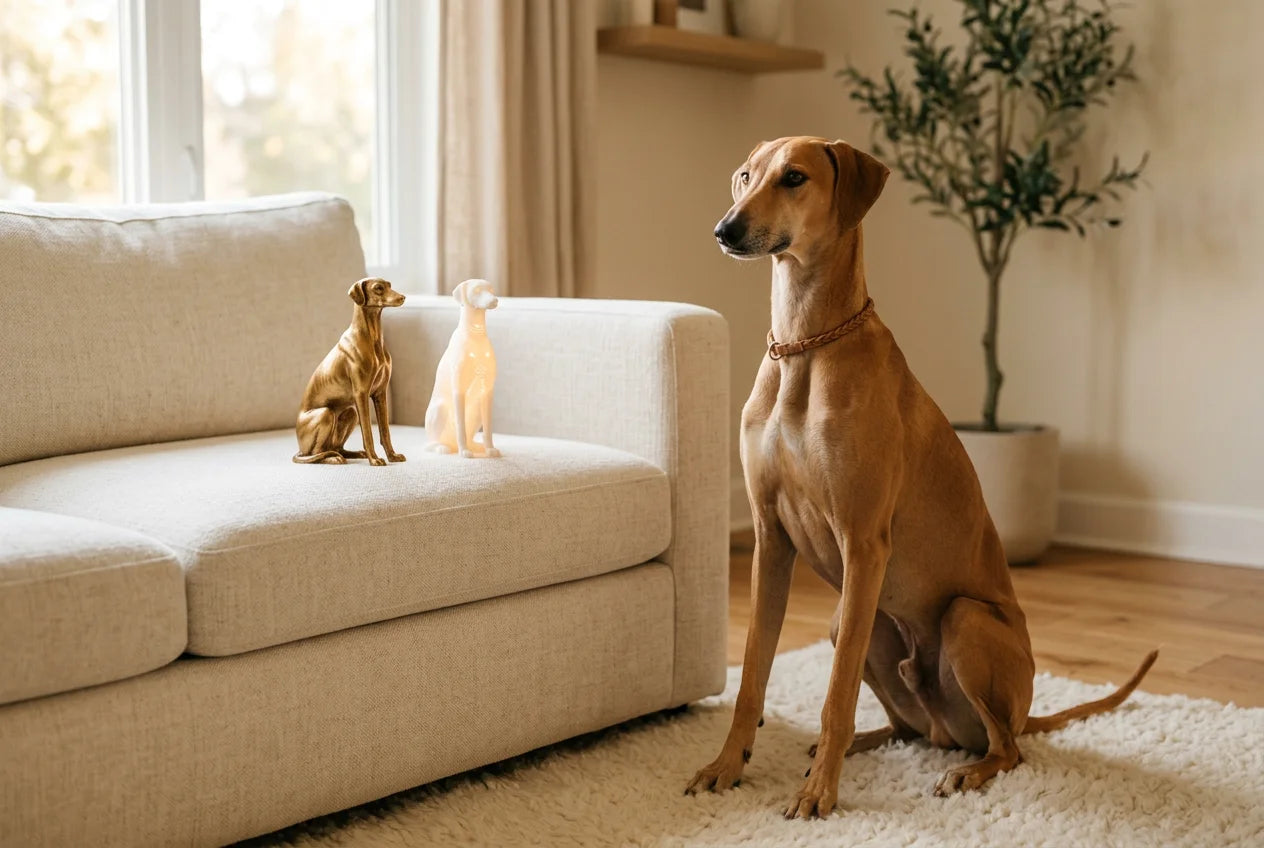 Sloughi dog in a warm editorial interior with handcrafted sculpture and luminary