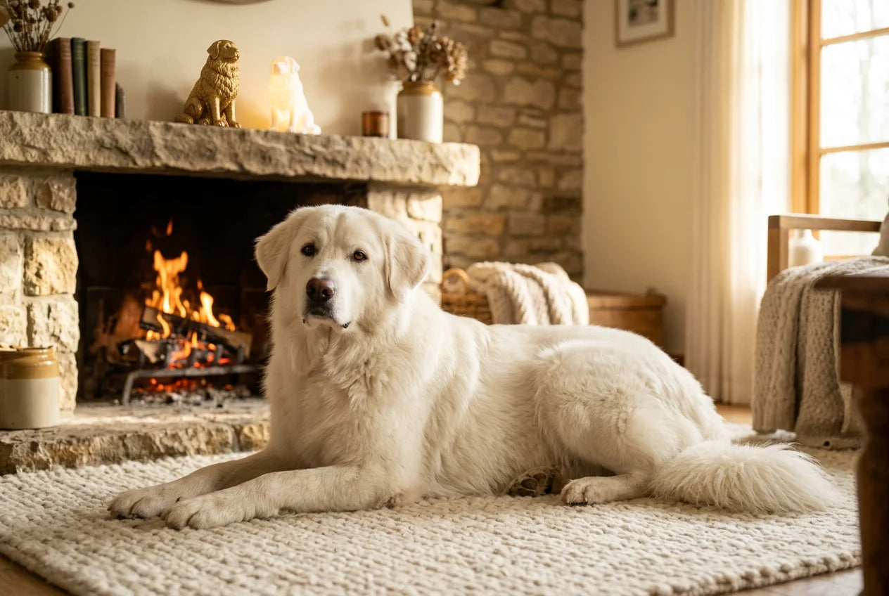 Slovak Cuvac dog in a warm editorial interior with handcrafted sculpture and luminary