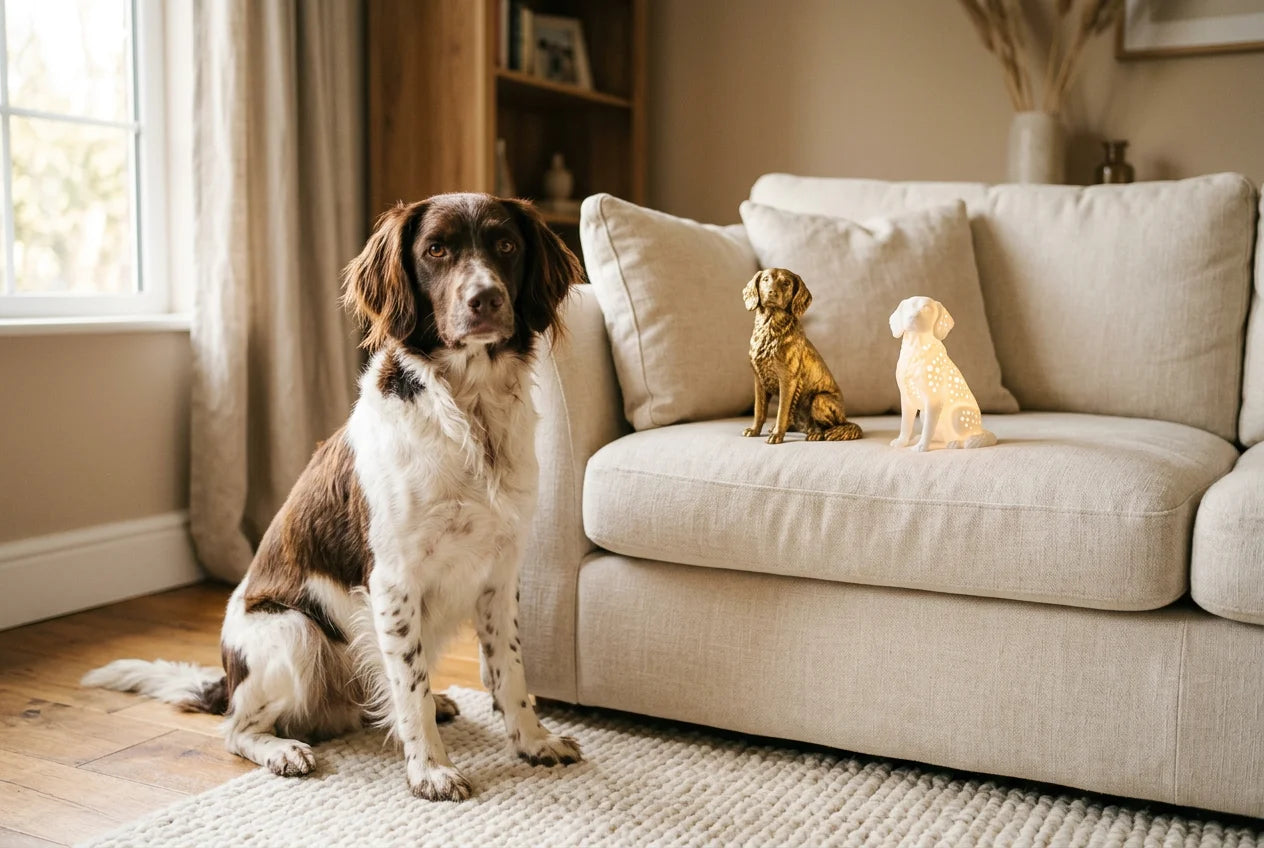 Small Munsterlander dog in a warm editorial interior with handcrafted sculpture and luminary