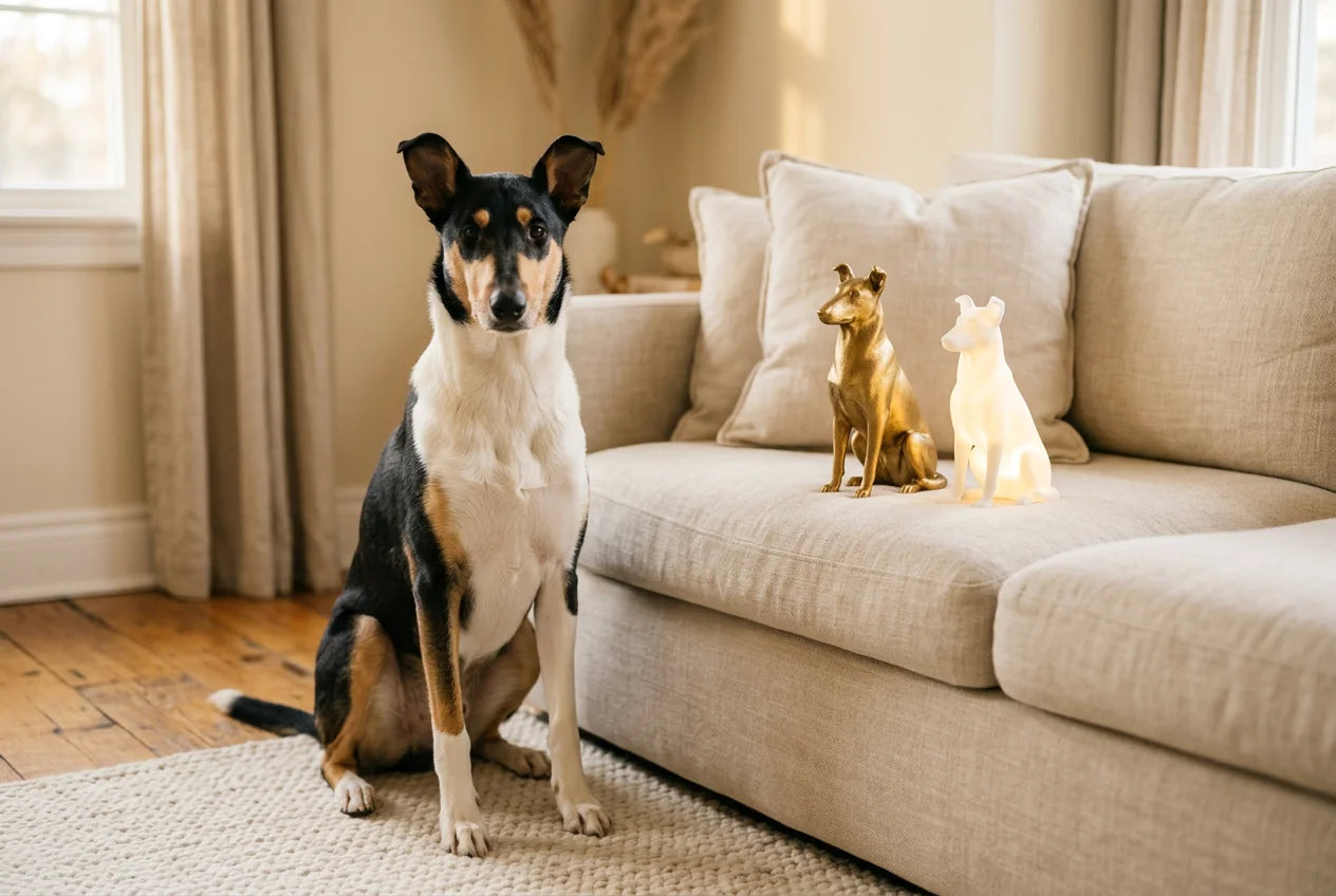 Smooth Collie dog in a warm editorial interior with handcrafted sculpture and luminary