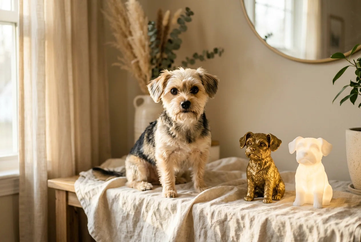 Snorkie dog in a warm editorial interior with handcrafted sculpture and luminary