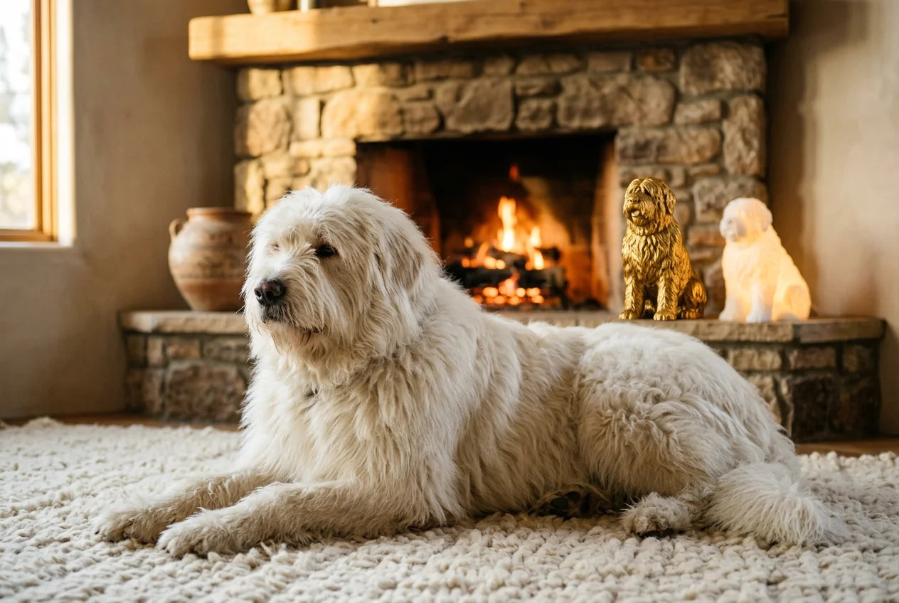 South Russian Ovcharka dog in a warm editorial interior with handcrafted sculpture and luminary