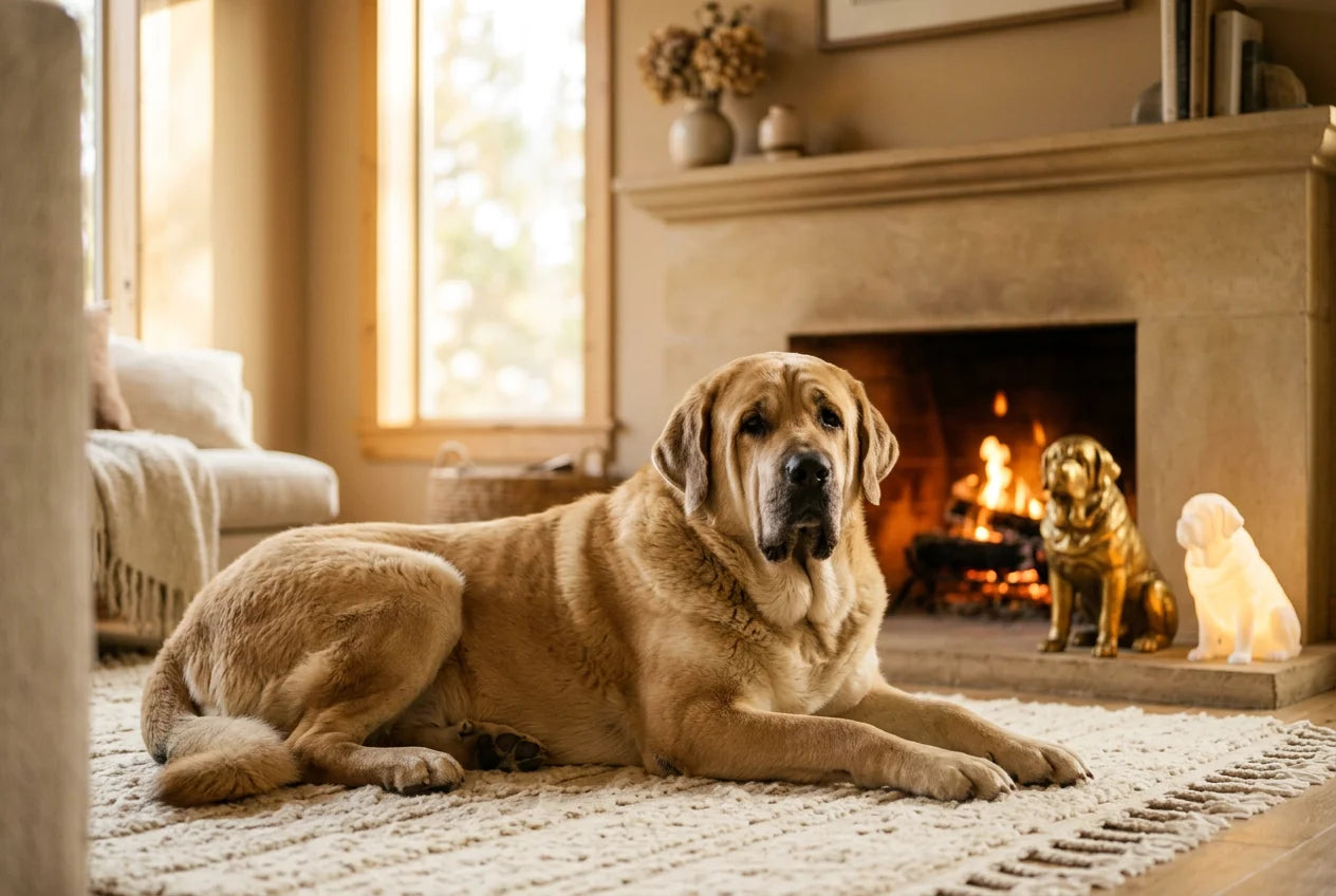 Spanish Mastiff dog in a warm editorial interior with handcrafted sculpture and luminary