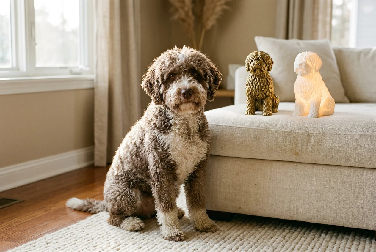 Spanish Water Dog dog in a warm editorial interior with handcrafted sculpture and luminary