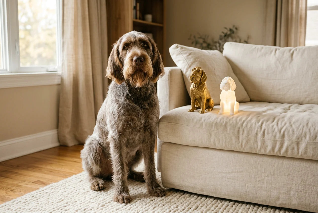 Spinone Italiano dog in a warm editorial interior with handcrafted sculpture and luminary