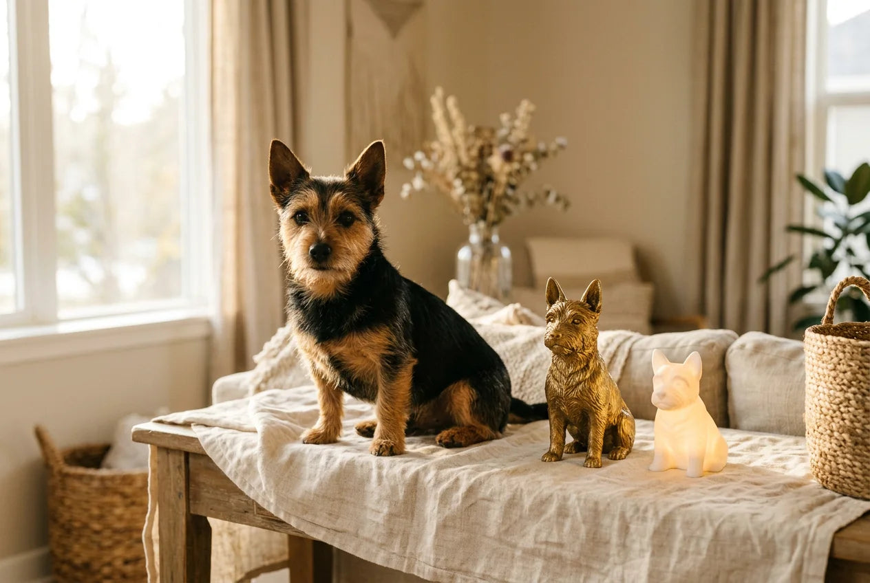 Sporting Lucas Terrier dog in a warm editorial interior with handcrafted sculpture and luminary