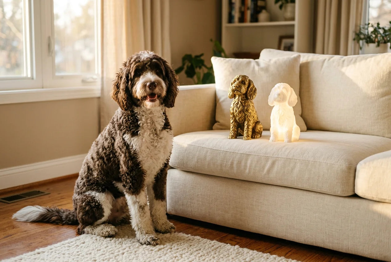 Springerdoodle dog in a warm editorial interior with handcrafted sculpture and luminary