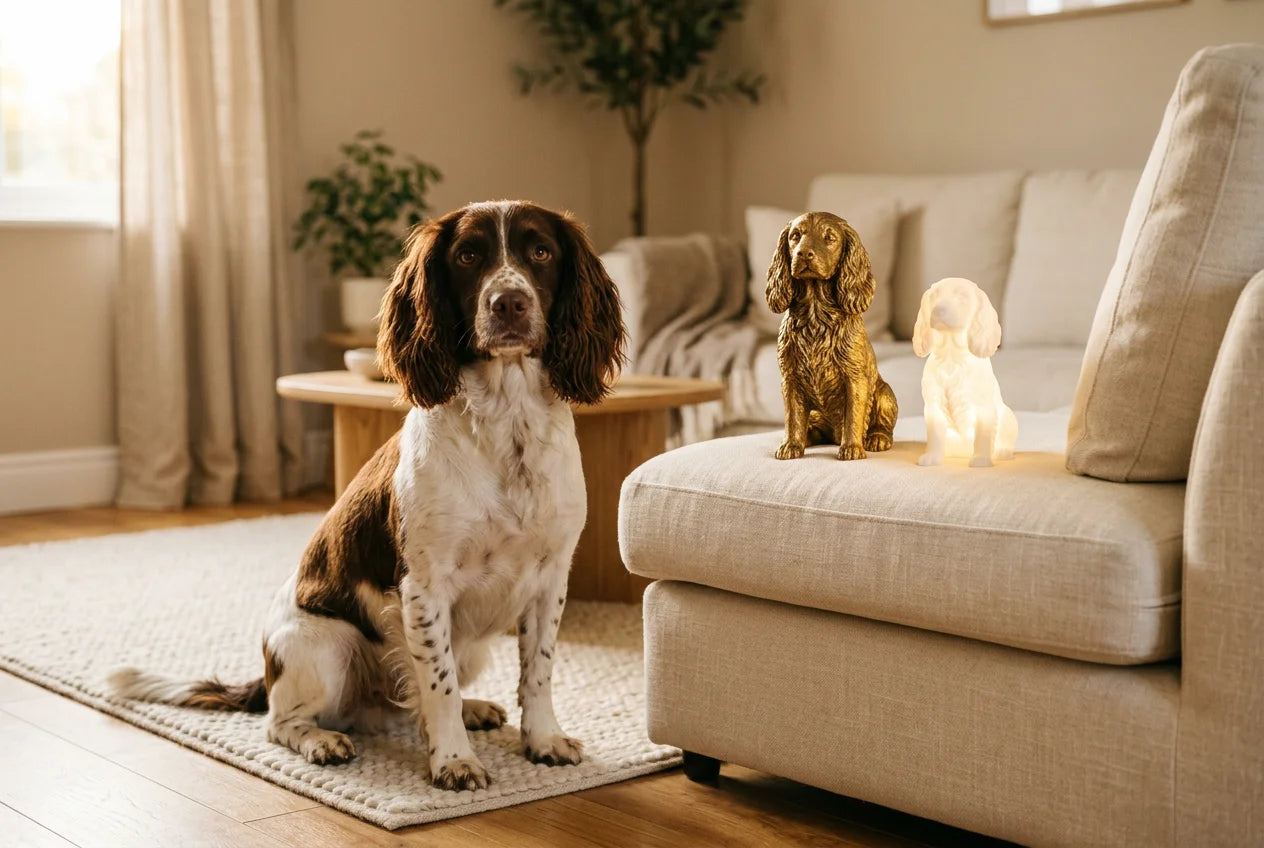 Sprocker Spaniel dog in a warm editorial interior with handcrafted sculpture and luminary