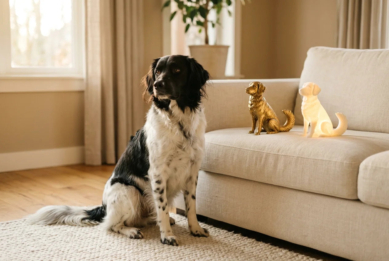 Stabyhoun dog in a warm editorial interior with handcrafted sculpture and luminary