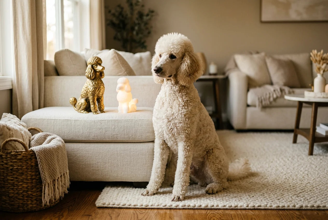 Standard Poodle dog in a warm editorial interior with handcrafted sculpture and luminary