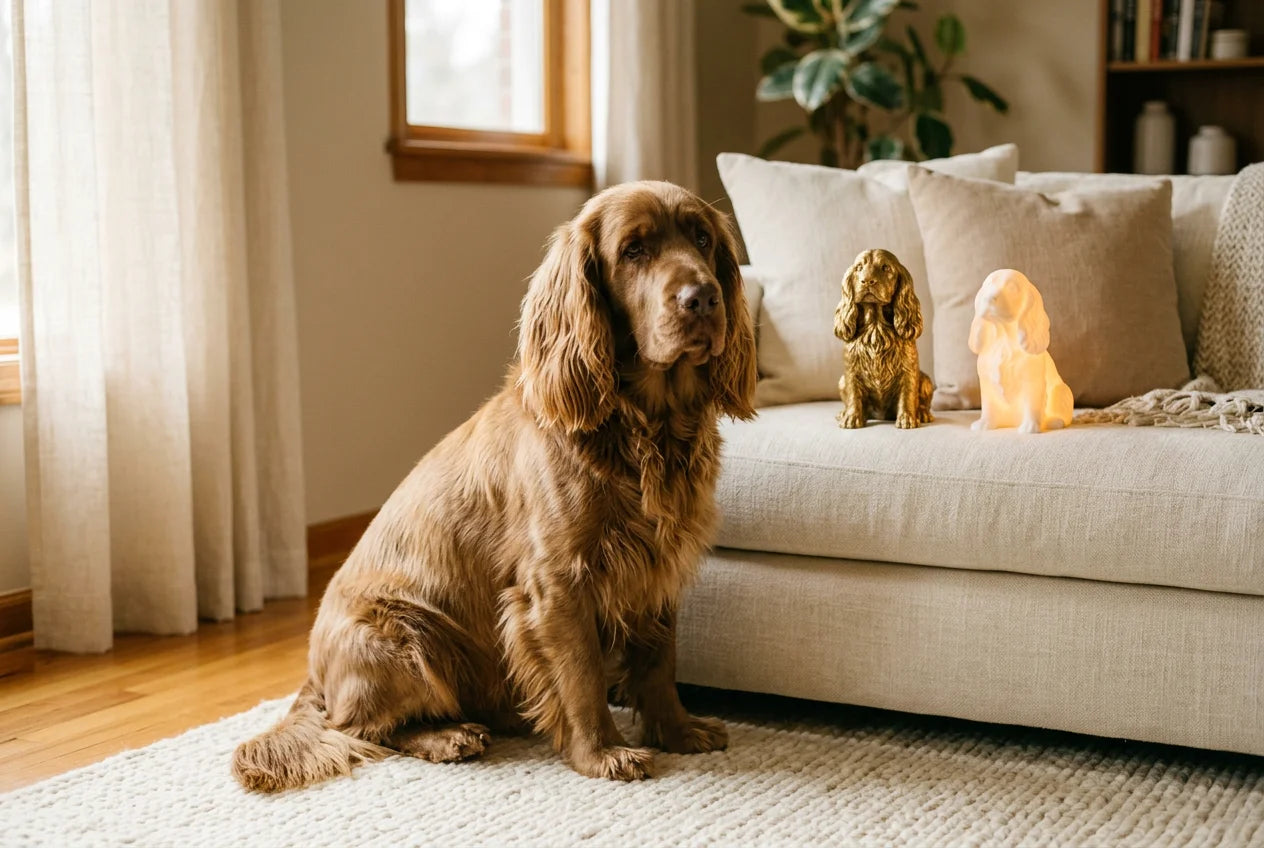 Sussex Spaniel dog in a warm editorial interior with handcrafted sculpture and luminary