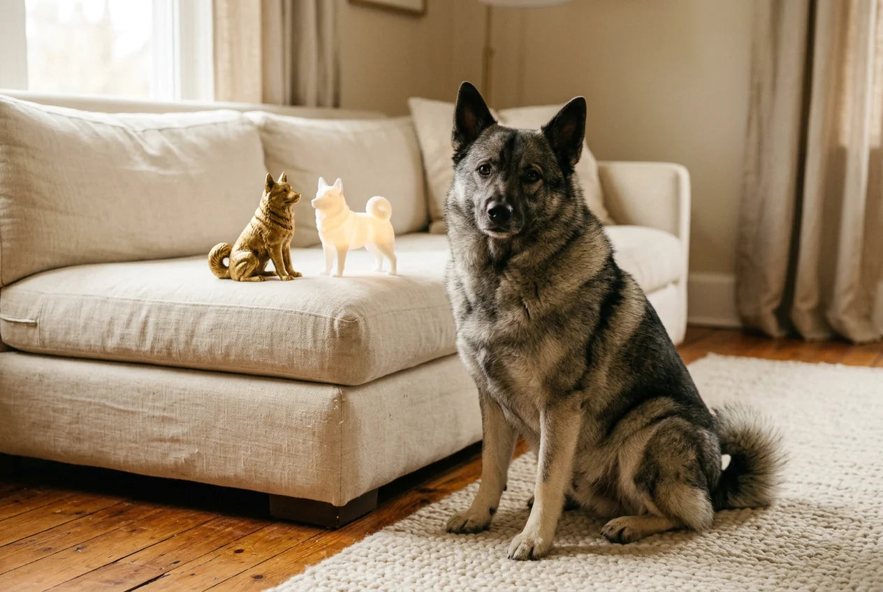 Swedish Elkhound dog in a warm editorial interior with handcrafted sculpture and luminary