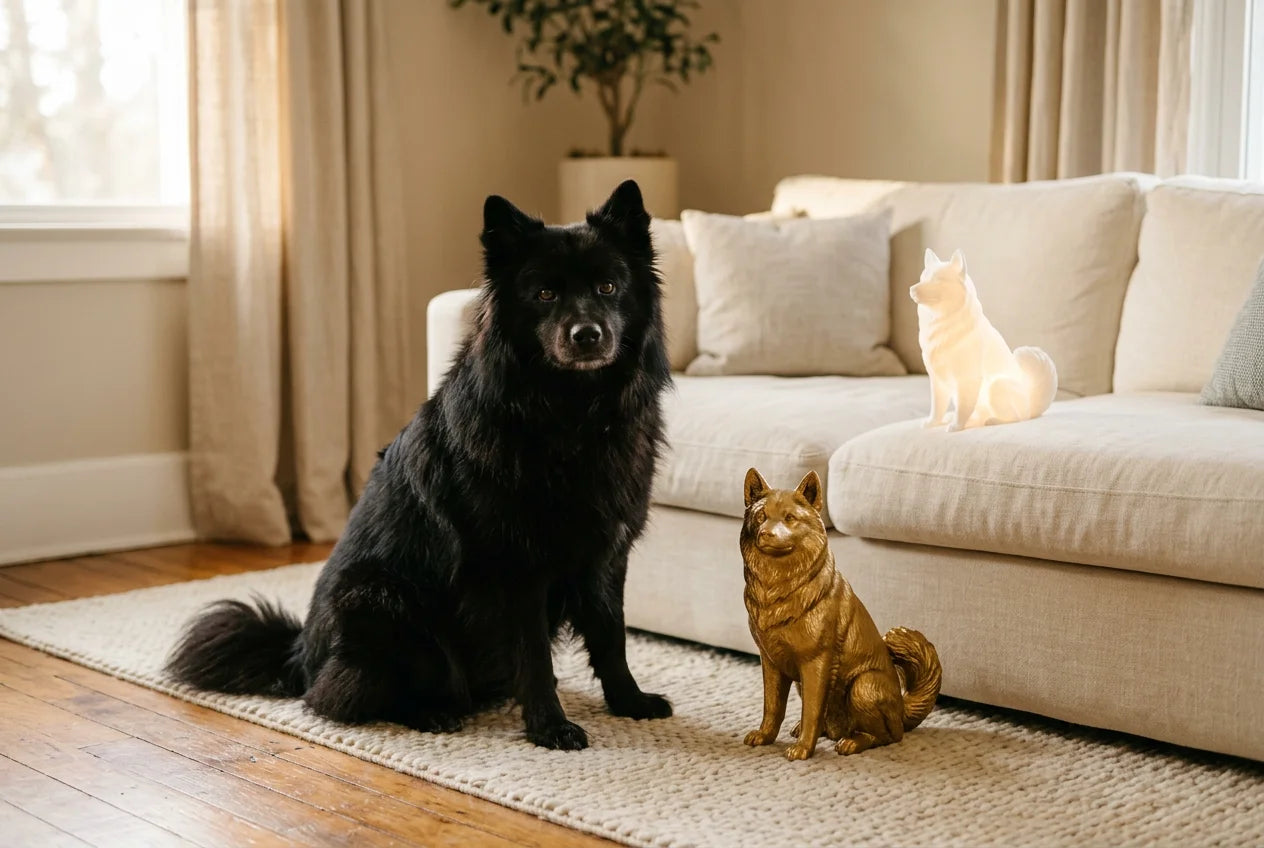Swedish Lapphund dog in a warm editorial interior with handcrafted sculpture and luminary