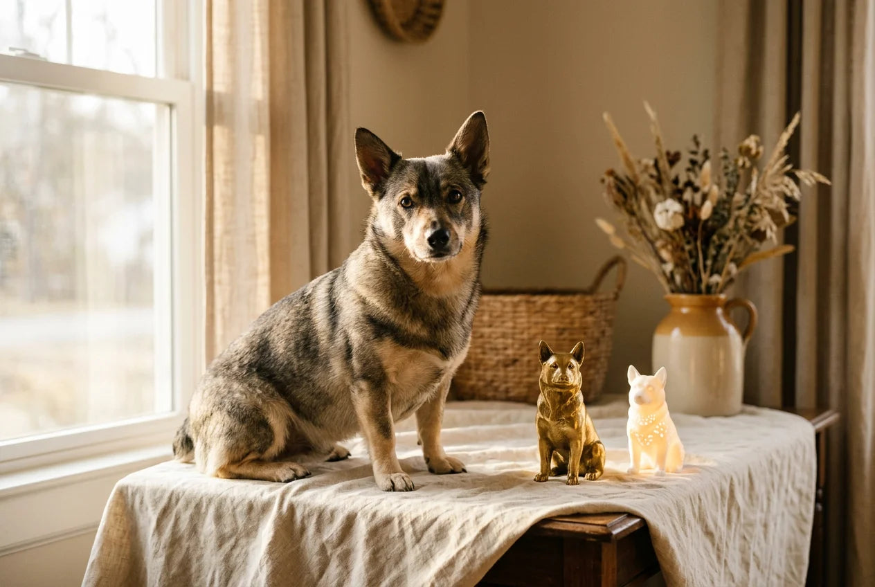 Swedish Vallhund dog in a warm editorial interior with handcrafted sculpture and luminary