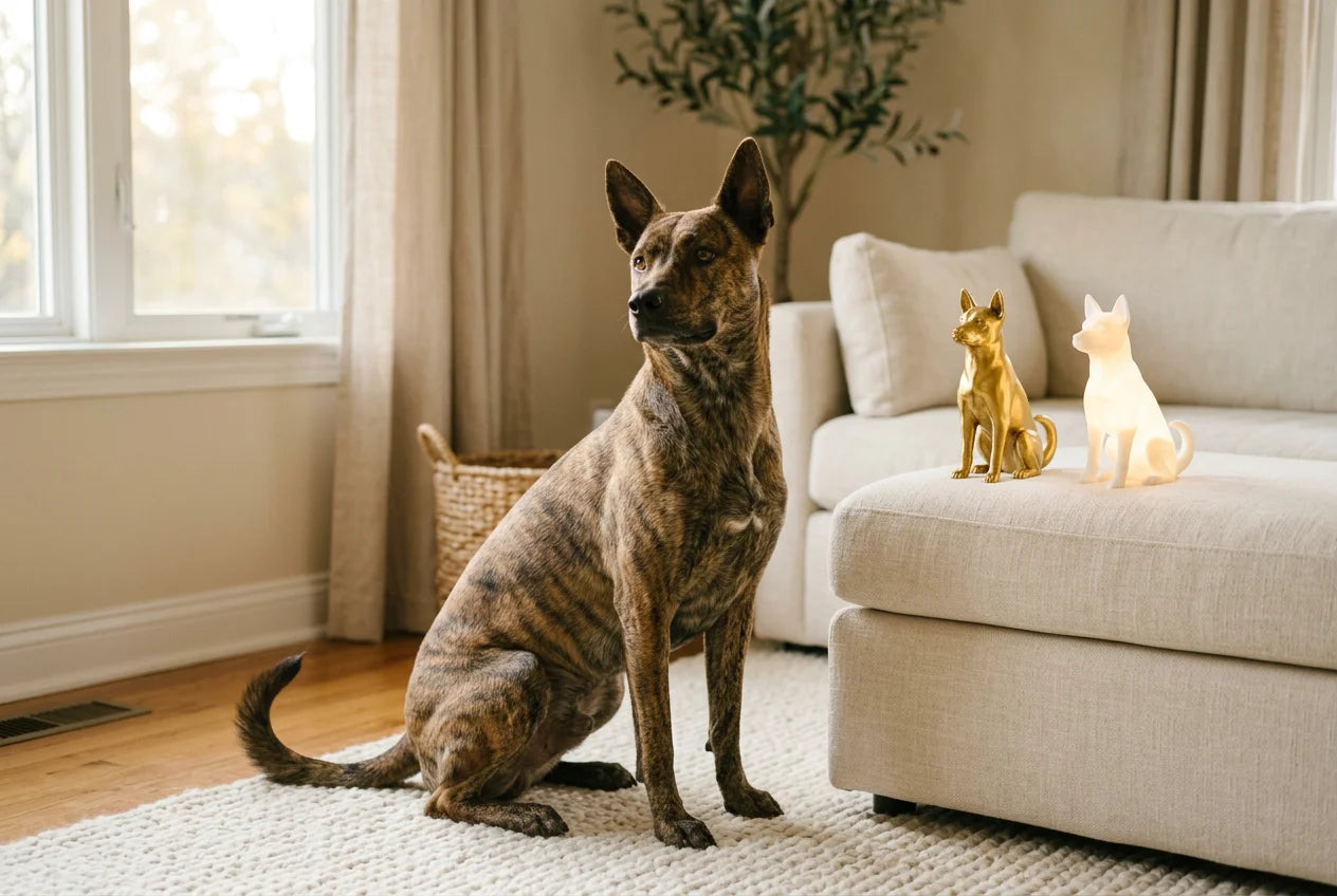 Taiwan Dog dog in a warm editorial interior with handcrafted sculpture and luminary