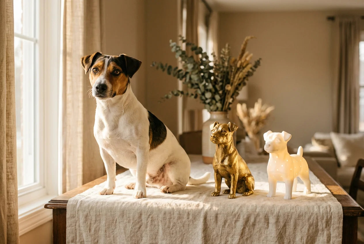 Teddy Roosevelt Terrier dog in a warm editorial interior with handcrafted sculpture and luminary